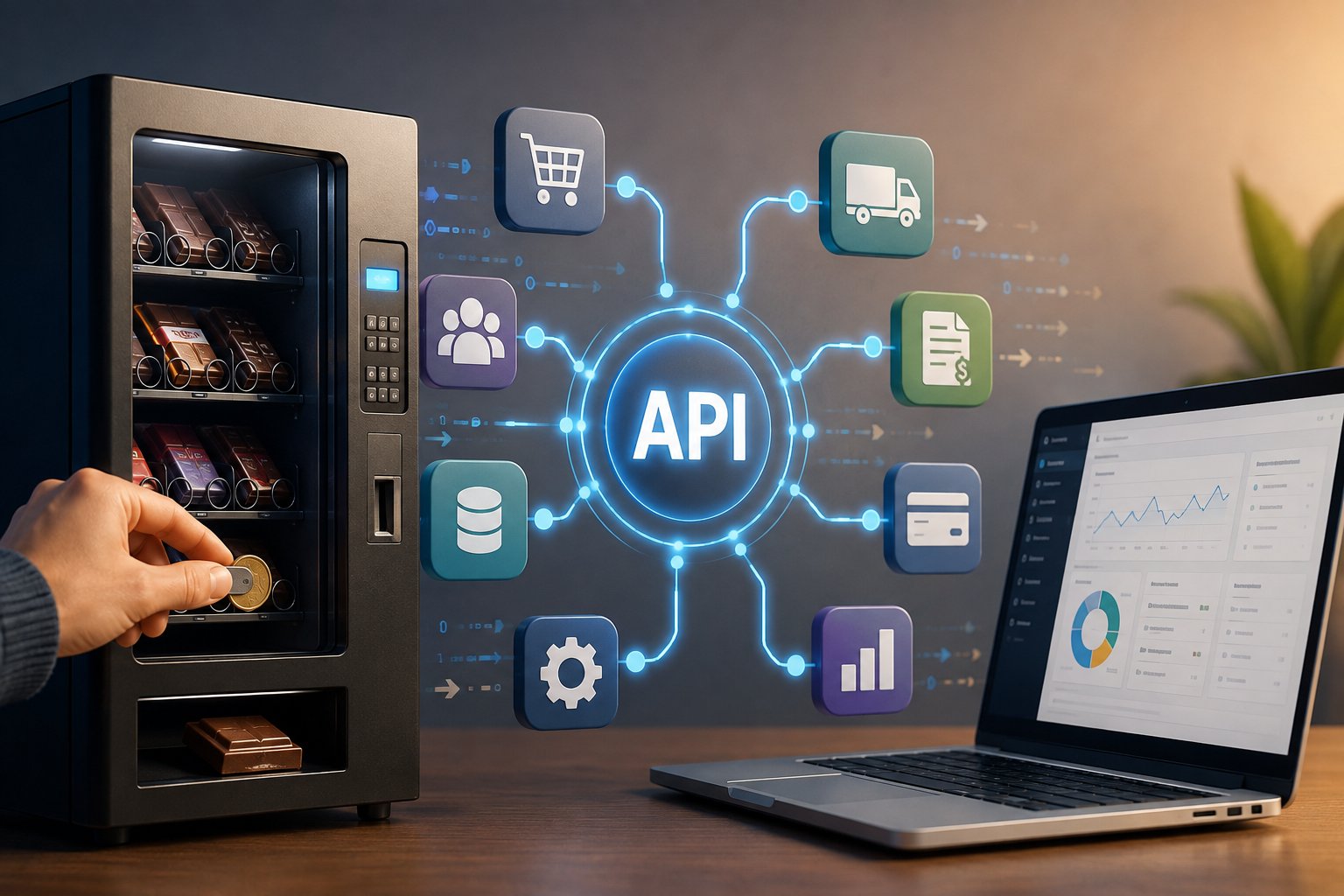 How an API connection works, shown with a chocolate vending machine analogy: inserting a coin, webshop icons and a laptop – Summa Development