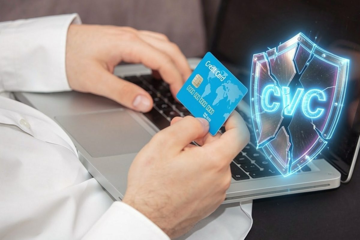 Hand holding a bank card over a laptop next to a cracked shield labelled CVC