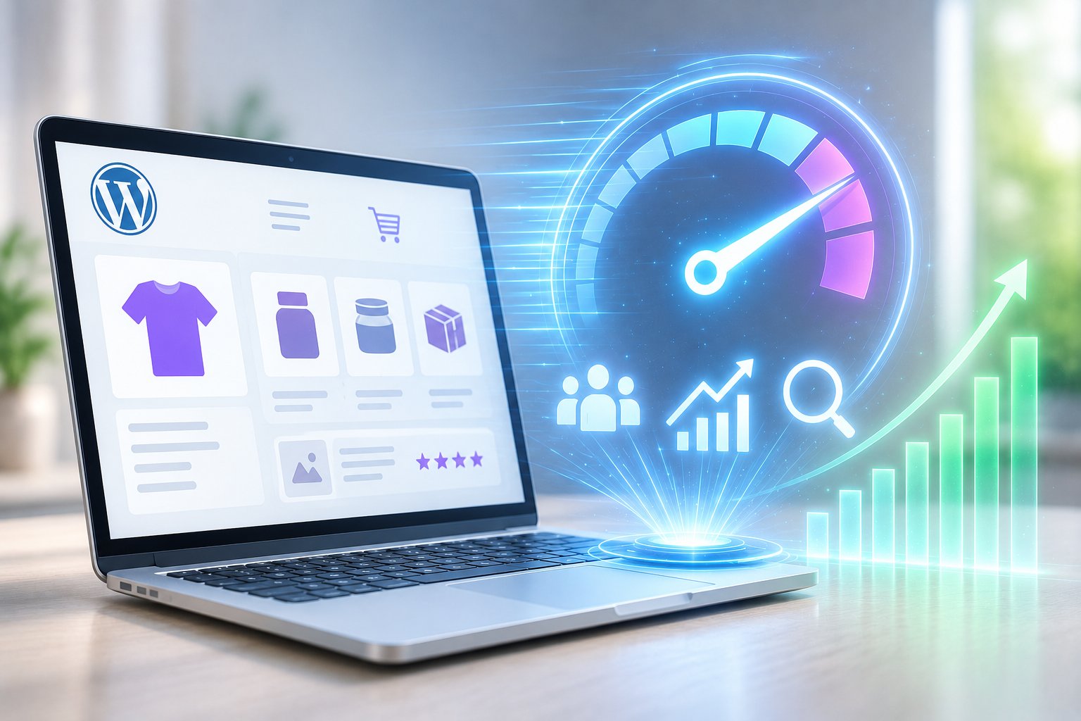 WordPress webshop on a laptop next to a glowing speed gauge and a rising traffic chart