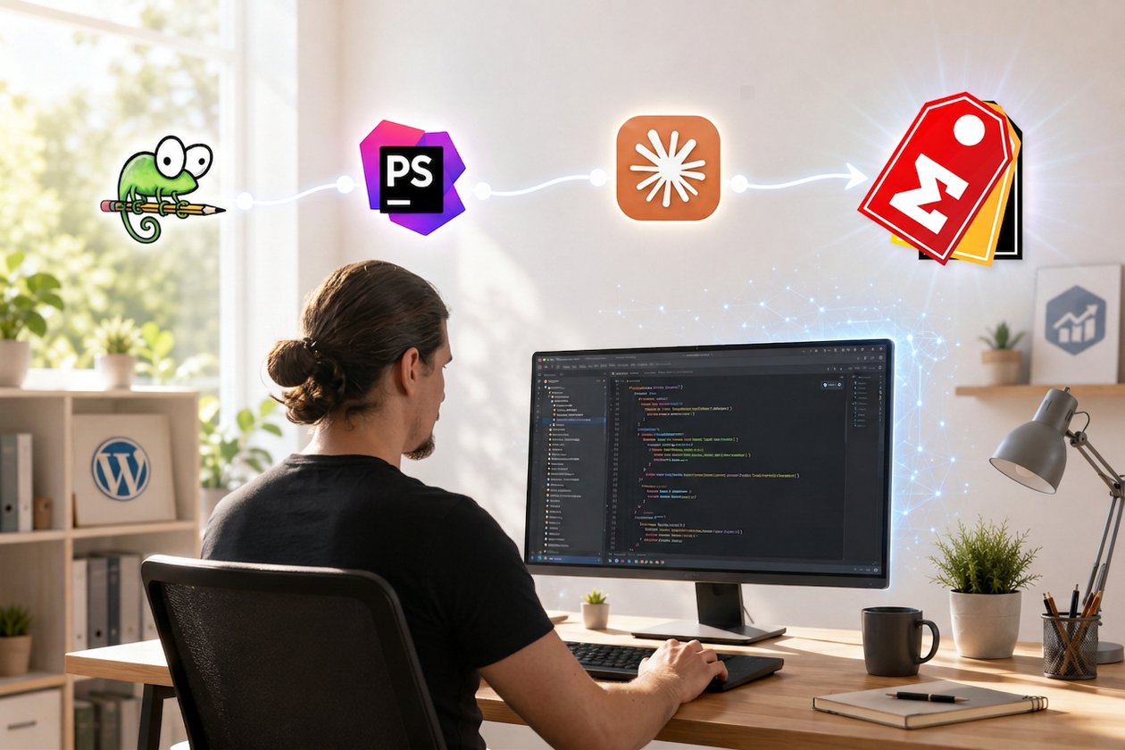 Developer writing code at a monitor, with a timeline above of the Notepad++, PhpStorm, Claude AI and Summa Pricing logos
