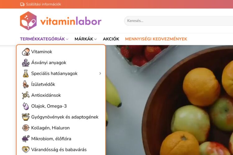 The vitaminlabor.hu header with the product category menu opened, each category with its own icon