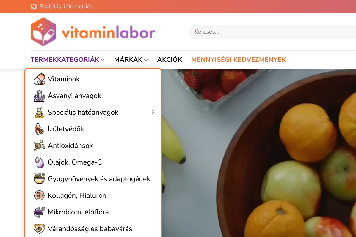 The vitaminlabor.hu header with the product category menu opened, each category with its own icon