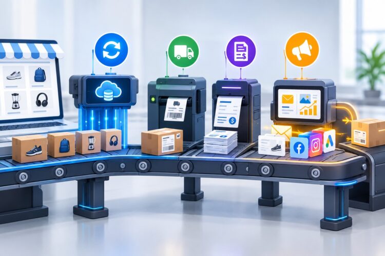 Conveyor belt carrying product boxes from a webshop on a laptop past data-sync, label-printing, invoicing and marketing machines, with social media icons